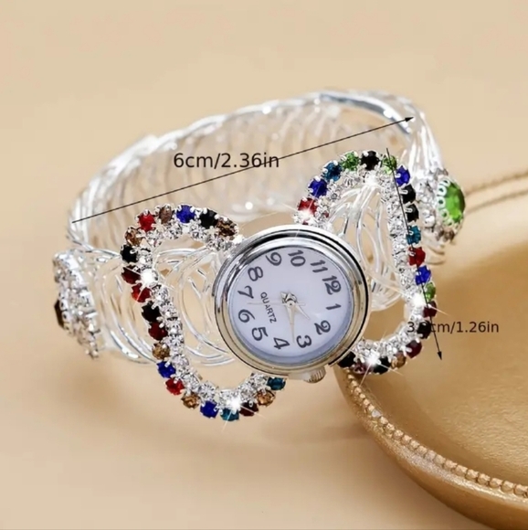 NWOT Boho Round Quartz Watch Colorful Rhinestone Stretch Bangle Watch … - Picture 3 of 3